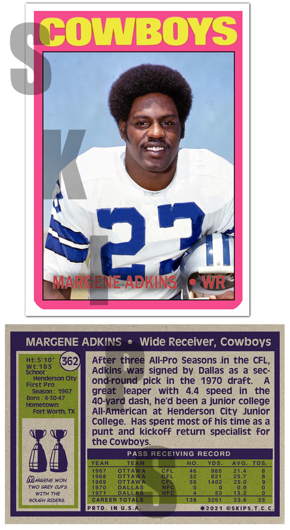 1972 STCC #362 Margene Adkins Topps Dallas Cowboys Custom Card